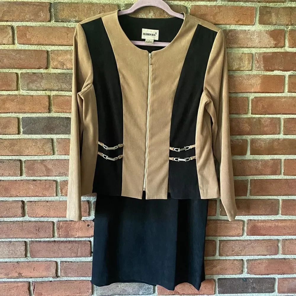 Fashion Bug Blazer and Skirt Suit Set Tan Black Size 8